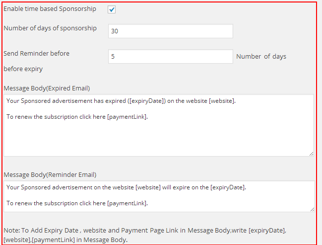 Time Based Sponsorship Settings